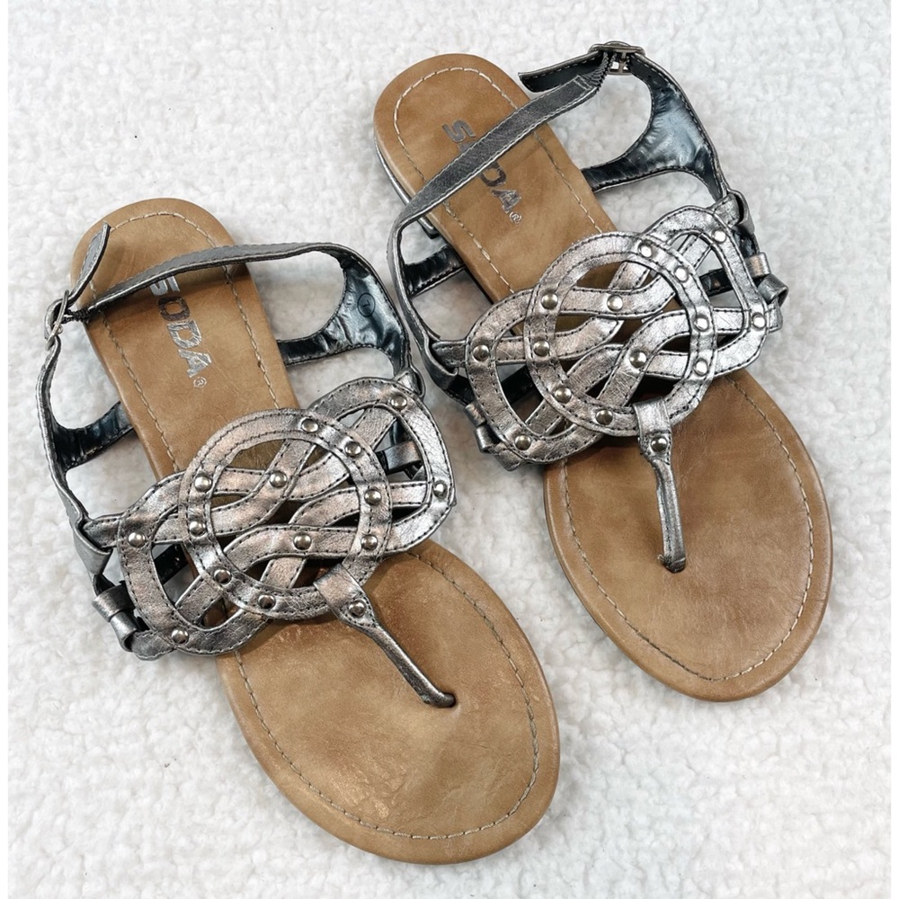 SODA • Silver/Tan Studded Thong Sandals, 7 - Picture 11 of 16